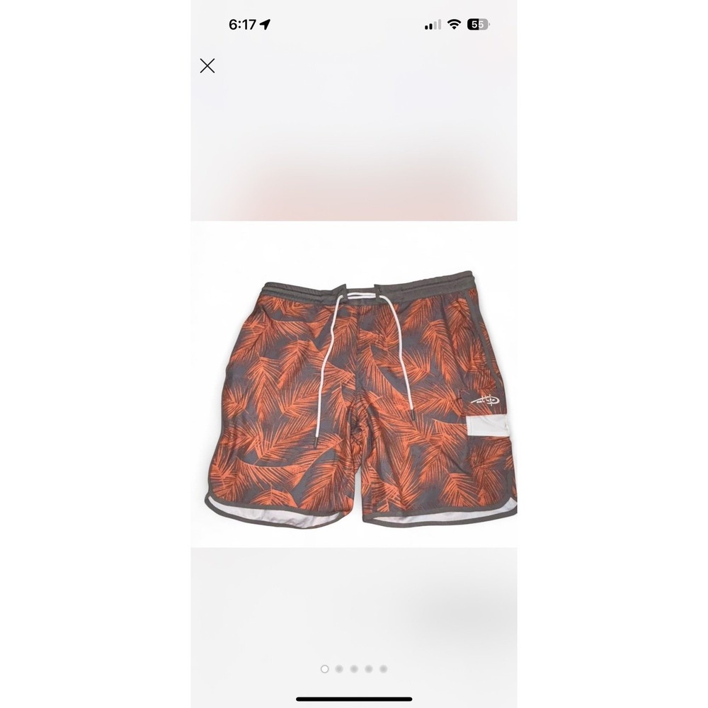 ReelLife Mens Swim Trunks Shorts Orange Palm Leaf Print Elastic‎ Waist Size XL